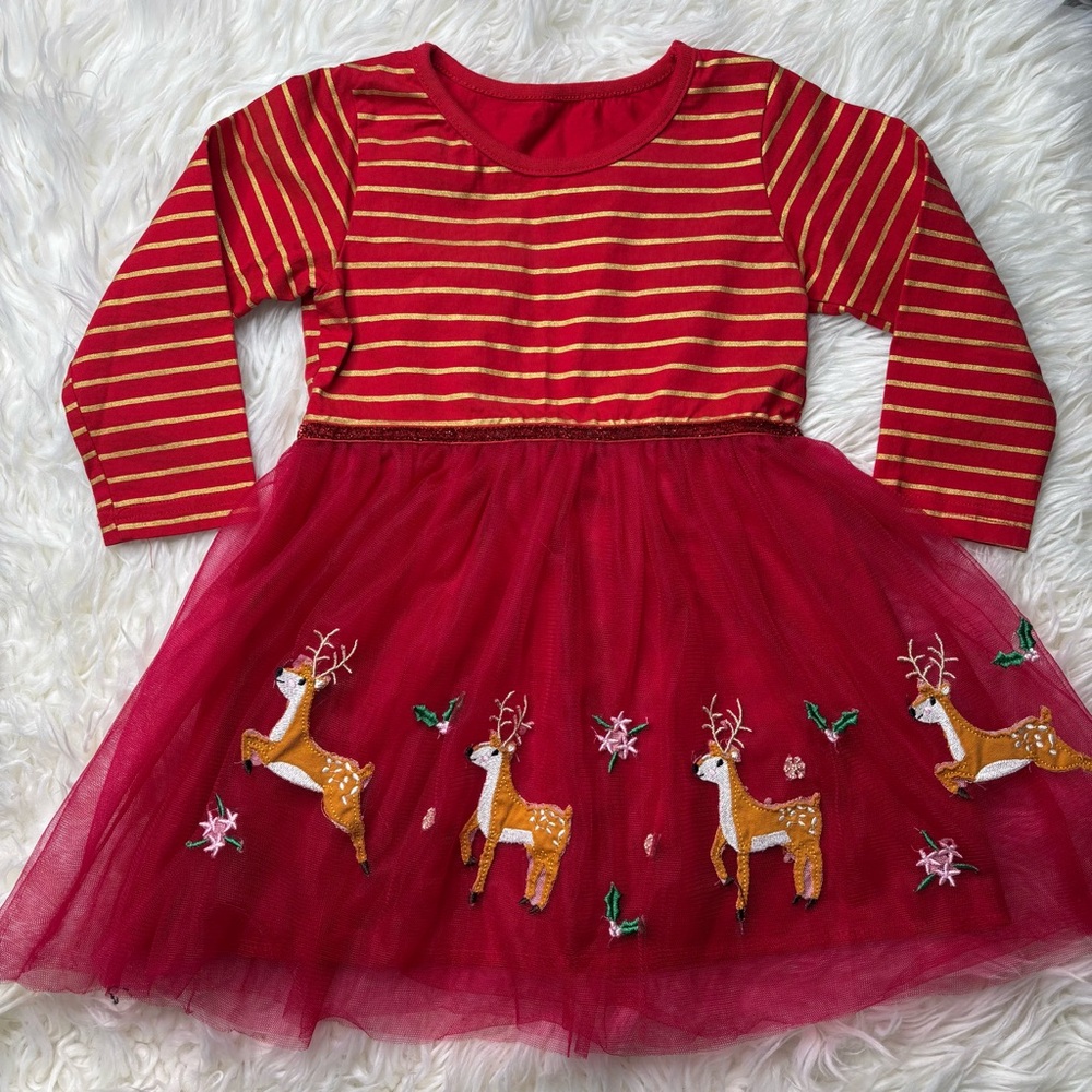 Festive Christmas Red fit and flare embroidered reindeer dress